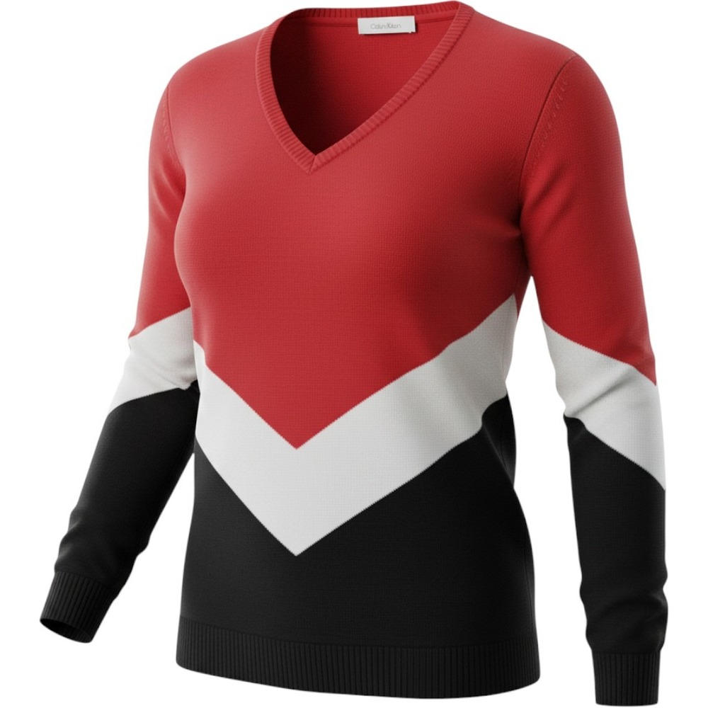 Calvin Klein Women's Red Black White Colorblock Chevron V-Neck Knit Sweater XL